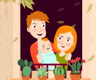 Cozy Family Drawing Human Icons Colored Cartoon Design