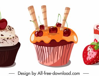 크림 케이크 아이콘 과일 장식 다채로운 디자인