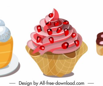 Cream Dessert Icons Colorful Cupcakes Sketch
