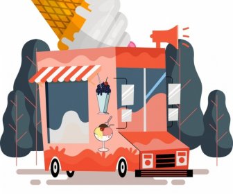 奶油店背景麵包車圖示彩色設計
