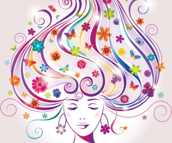 Kreatif Bunga Rambut Dengan Wanita Vektor