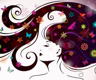 Creative Floral Hair With Woman Vector