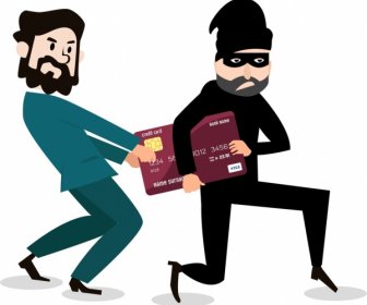 Credit Card Advertisement Businessman Robber Icons Cartoon Design