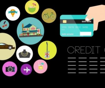 Kartu Kredit Iklan Tangan Memegang Kartu Berbagai Ikon