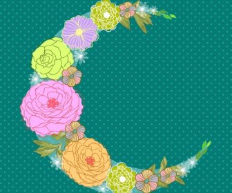 Crescent Moon Icon Colorful Flowers Decoration