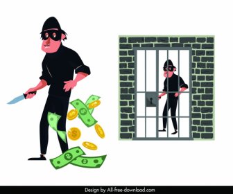 Criminal ícones Dos Desenhos Animados Caráter Dinheiro Prisão Esboço
