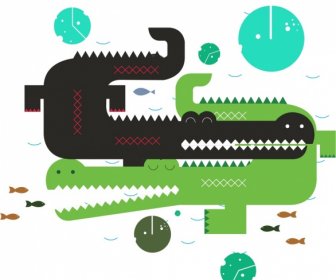 Animaux De Crocodile Peignant La Conception Géométrique Plate Plate Colorée