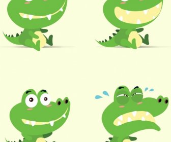 Crocodile Emotional Icons Collection Cute Stylized Green Isolation