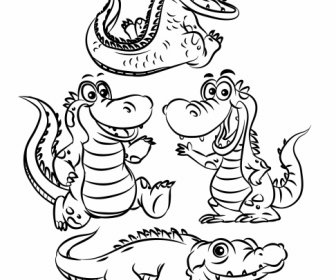 Crocodile Icons Funny Cartoon Sketch Black White Handdrawn