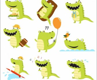 Crocodile Icons Isolation Green Design Various Funny Styles