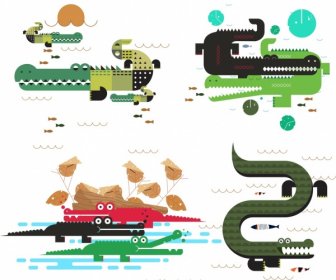 Les Icônes De Crocodile Placent L'esquisse Plate Classique Colorée