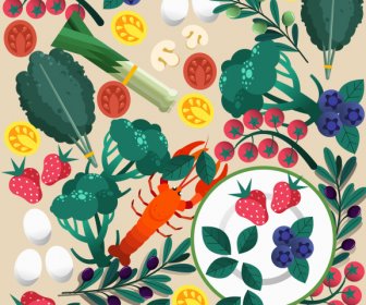 Cuisine Ingredients Background Colorful Flat Sketch