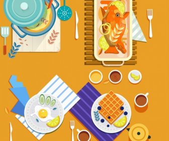 Mutfak Resim Gıda Simgeler Klasik Renkli Düz Tasarım