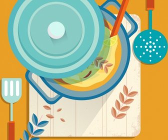 Cuisine Painting Kitchenware Icons Colorful Flat Design