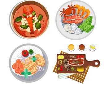 Cuisines Icons Colorful Flat Sketch