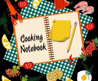 Kulinarischen Hintergrund Essen Notebook Bleistift Symbole Dekor