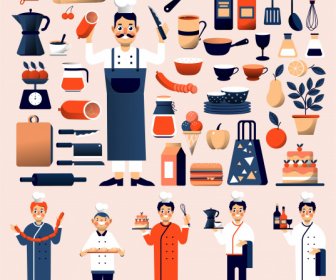 Kulinarische Designelemente Köche Utensilien Zutaten Skizze