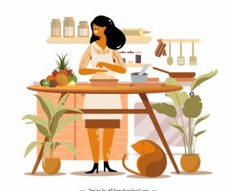 Culinário Pintura Dona De Casa Cozinheiro Esboço Cartoon Design
