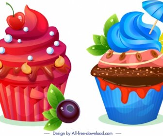 ícones De Cupcake Vermelho Azul Chocolate Decoração De Frutas