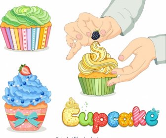 Cupcakes Publicité Bannière Nourriture Main Icônes Décor
