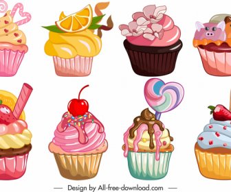 Cupcakes Icons Collection Colorful Classic Tasty Decor