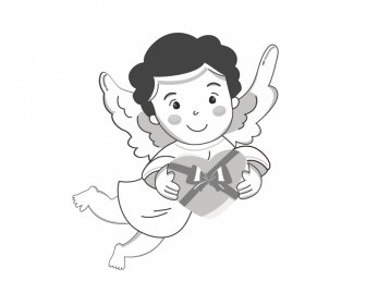 キューピッドアイコンかわいい翼のある少年手描きの黒白漫画のキャラクタースケッチ