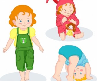 Cute Baby Icons Colored Cartoon Characters