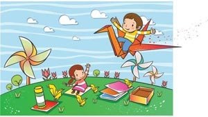 可愛的嬰兒在公園裡玩背景風車和針輪是工作向量兒童插畫
