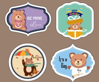 Cute Bears Stickers Sets Various Colored Flat Shapes