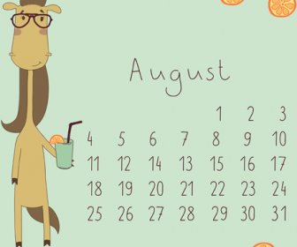 Cute Cartoon August Calendar Design Vector