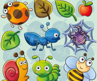 Niedlichen Cartoon Insekten Und Pflanzen Vektor