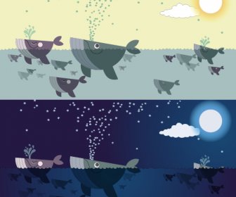 لطيف الكرتون الحيتان الرسومات المتجهة