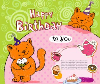 귀여운 고양이 생일 카드 창조적인 벡터