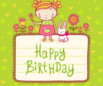 Cute Child With Rabbit Birthday Card Vector