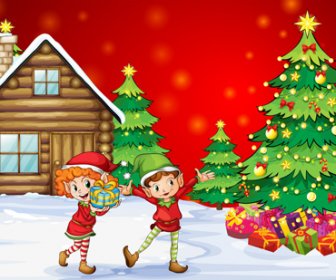 Niedliche Kinder Und Weihnachtsbaum Vektor