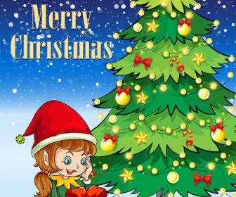Cute Children And Christmas Tree Vector