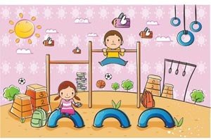 Süße Kinder Cartoon ClipArt In Landschaft Park Vektorgrafik Kinder Spielen