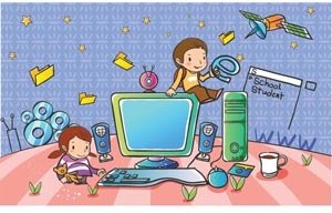 可愛的孩子玩電腦配件美女壁紙向量兒童插畫