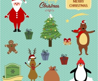 Cute Christmas Background With Santa, Reindeer, Bear And Penguin