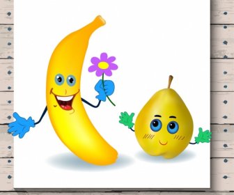 Niedlichen Emoticon Setzt Stilisierten Gelben Banane-Birne-Symbole