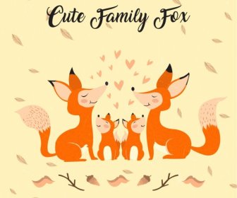 Cute Foxes Family Drawing Colored Cartoon Design