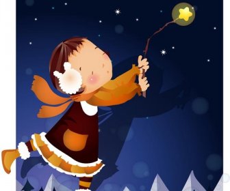 Cute Girl Catching Star Winter Night Vector