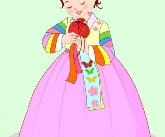 Cute Girl Drawing Asian Traditional Costume