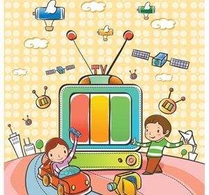 Jolie Fille Donnée Une Présentation à Garçon Sur Télévision Vecteur Kids Illustration