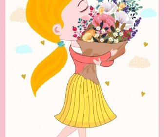 Linda Garota Pintando Flores Buquê Decoração Desenho Animado
