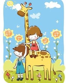 Cute Kids Playing In Zoo A Baby Girl Sitting On Giraffe Vector