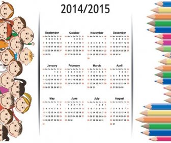 可愛的孩子與彩色鉛筆頁 Border15 向量日曆範本