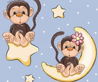 Cute Monyet Dengan Bintang-bintang Dan Bulan Kartu Vektor