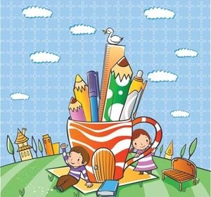 Cute School Children Playing In Garden Vector Kids Illustration