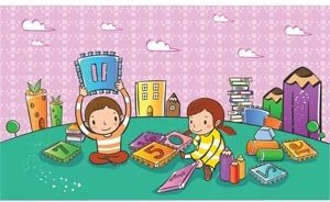 Cute School Children Playing With Play Cards In Park Vector Kids Illustration